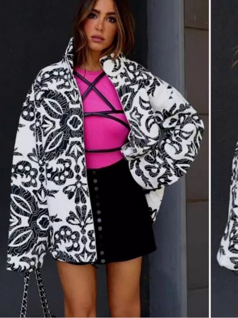 Zara Cotton Quilted Black & White Embroidered Floral Zip Jacket medium